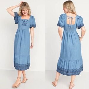 Old Navy Fit & Flare Flutter-Sleeve Tie-Back Chambray Midi Dress